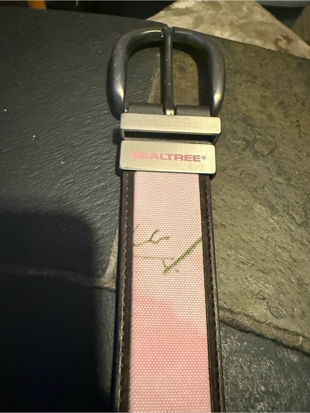 Realtree Pink Canvas Belt with Brown Trim and Metal Buckle